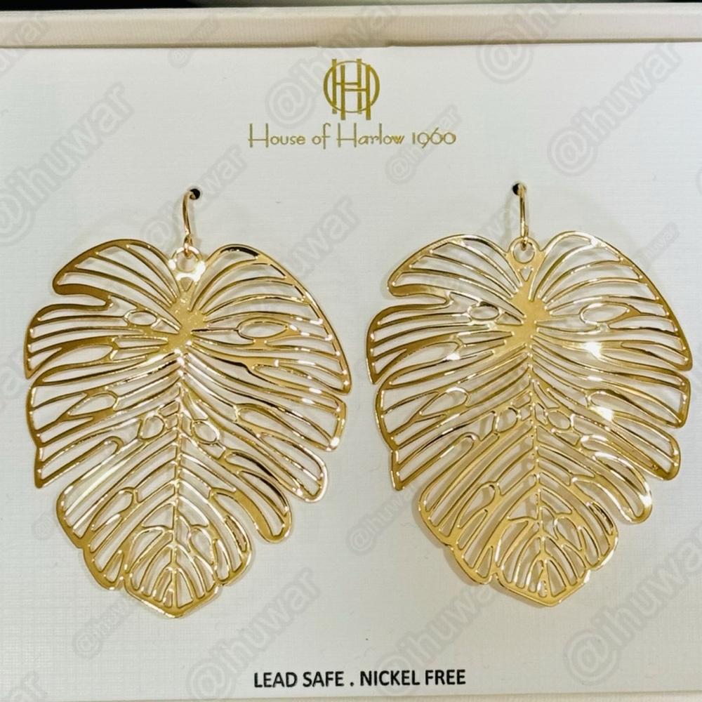 HOUSE OF HARLOW 1960 Gold Tone Palm Leaf Dangle Earrings - Picture 2 of 13